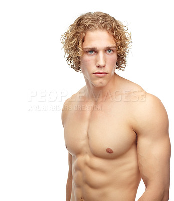 Buy stock photo Muscle, mockup and man with beauty, thinking and confident model isolated against white studio background. Sexy, male person and guy with fitness, shirtless and bodybuilder with thoughts and strength