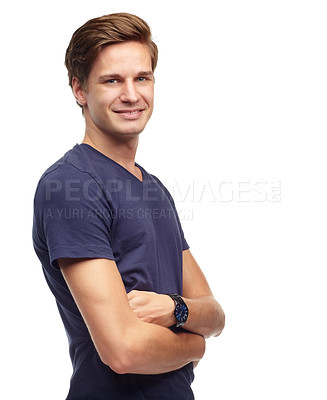 Buy stock photo Crossed arms, fashion and portrait of man in studio with confidence, attractive and pride on white background. Smile, confident and face of isolated handsome male person with trendy casual clothes