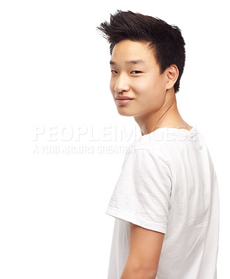 Buy stock photo Portrait, fashion and young Asian man in studio with stylish shirt isolated on a white background mockup space. Face, confidence and person, model or student in casual clothes on a backdrop in China