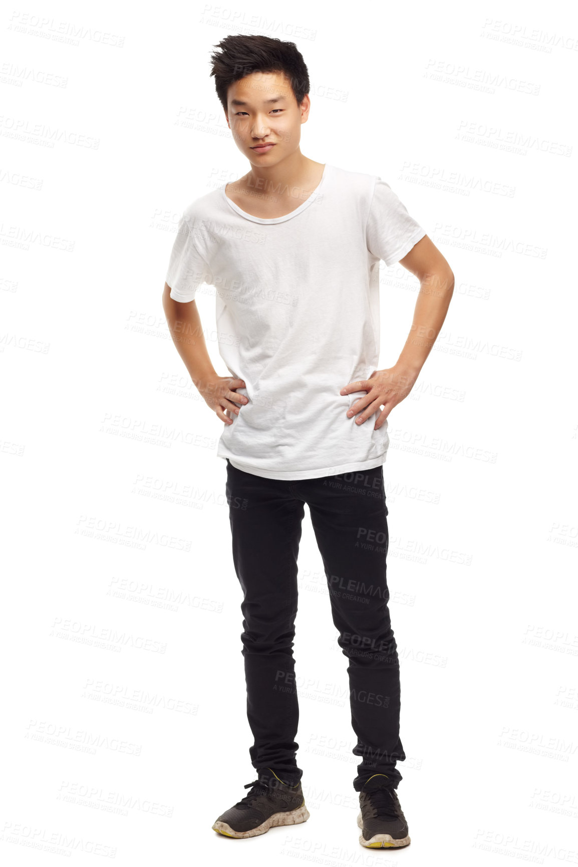 Buy stock photo Fashion, casual and asian with portrait of teenager in studio for cool, trendy and youth. Confident, natural and trendy style with young person isolated on white background for mockup and attitude