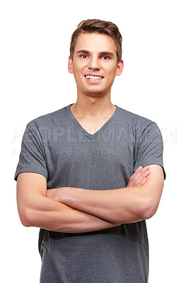 Buy stock photo Style, crossed arms and portrait of man with smile in studio with confidence, attractive and pride on white background. Happy, fashion and face of isolated handsome male person with positive mindset