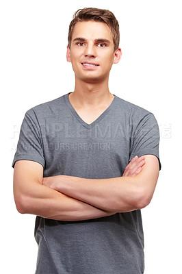 Buy stock photo Fashion, crossed arms and portrait of man in studio with confidence, attractive and pride on white background. Happy, confident and face of isolated handsome male person with trendy casual clothes