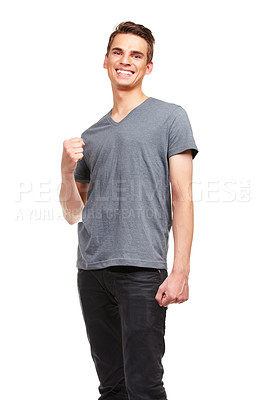 Buy stock photo Portrait, smile and man in celebration for success, winning and goal achievement in studio isolated on a white background. Happy person, cheers and fist pump for victory, promotion or bonus prize