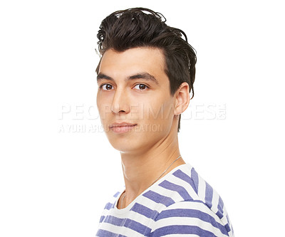 Buy stock photo Portrait, serious and young man in studio for fashion isolated on a white background mockup space. Face, confidence and person, model or student in casual clothes for style on a backdrop in Mexico