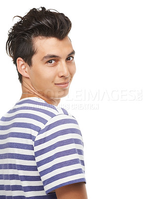 Buy stock photo Portrait, happy and man in studio for fashion isolated on a white background mockup space. Face, confidence and young person, model or student in casual clothes for style on a backdrop in Mexico