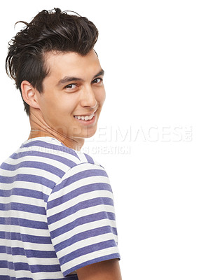 Buy stock photo Portrait, smile and man in studio for fashion isolated on a white background mockup space. Face, confidence or happy young person, model or student in casual clothes for style on a backdrop in Mexico