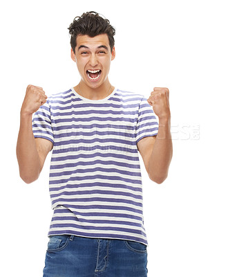 Buy stock photo Man, studio portrait and fist celebration with fashion, gen z aesthetic and winner with scream by white background. Isolated guy, model and excited with trendy clothes, goals and winning by backdrop