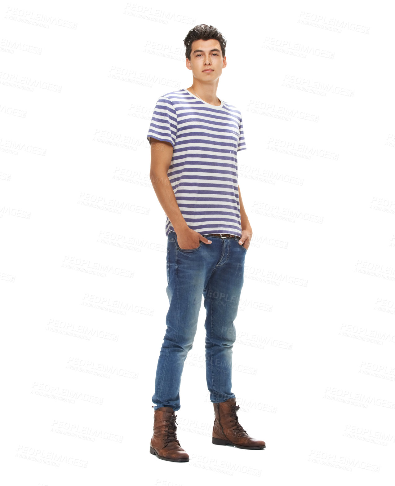 Buy stock photo Portrait, man and fashion with relaxed, casual and edgy clothes isolated in studio by white background. Confidence, face and young male model in trendy, cool and stylish outfit in mockup space.