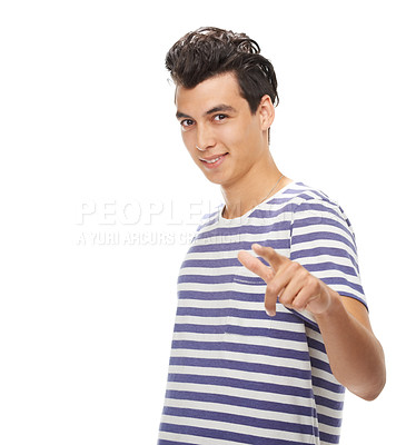 Buy stock photo Smile, portrait and man with hand pointing at you on studio mockup for news or announcement white background. Happy, face and model show vote emoji for competition, giveaway or info, promo or offer