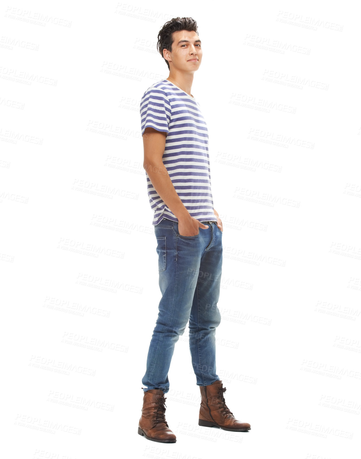 Buy stock photo Fashion, man and portrait with casual, stylish and cool clothes isolated in studio by white background. Face, confidence and male model person in trendy, smile and relaxed outfit in mockup space.
