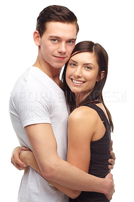 Buy stock photo Portrait, couple and hug in studio, love and affection on isolated white background. Smile, romantic relationship or husband and wife for honeymoon, bonding and happy together while embracing