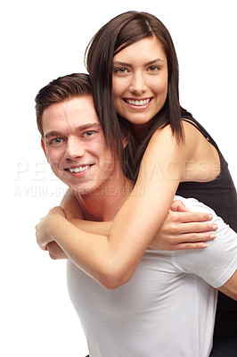 Buy stock photo Portrait, couple and happy in studio with piggyback, love and romance in relationship. Partners, man and woman with smile or happiness, marriage and commitment or support on white background