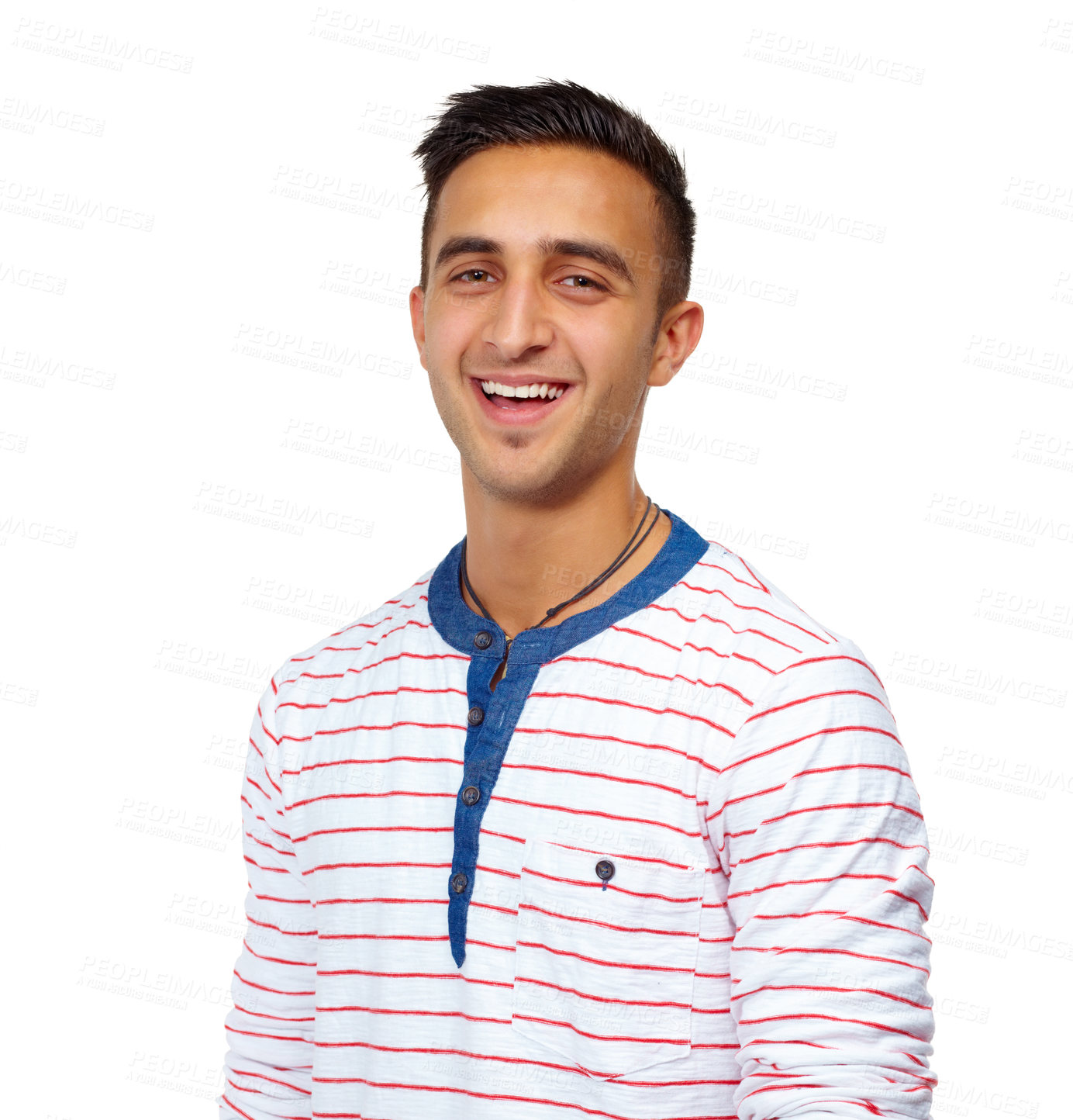 Buy stock photo Portrait, fashion and smile of man in studio isolated on a white background. Face, excited and happy young person, model or funny student laughing in casual clothes for style on a backdrop in Brazil