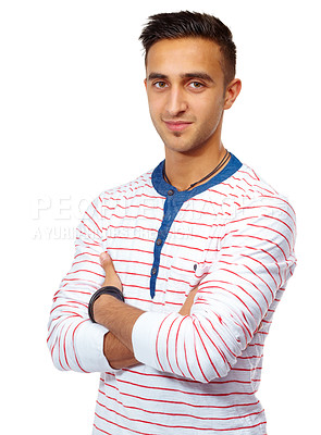 Buy stock photo Portrait, fashion and man with arms crossed in studio with pride isolated on a white background. Face, confidence or young person, model or student in casual clothes for style on a backdrop in Brazil