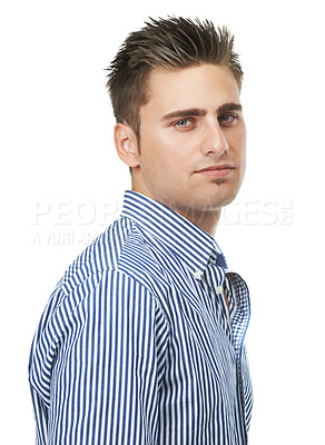 Buy stock photo Portrait, fashion or shirt with stripes and man in studio isolated on white background for style. Face, model and hairstyle with confident young person in trendy clothes outfit or business attire