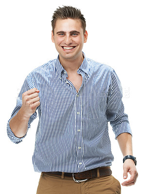 Buy stock photo Portrait, happy and man in celebration for success, winning and goal achievement in studio isolated on a white background. Person, cheers and fist pump to smile for victory, promotion or bonus prize