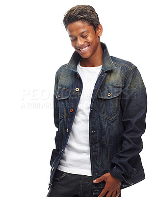 Buy stock photo Happy man, fashion and denim jacket with style or cool attitude on a white studio background. Isolated male person,  student or young model with smile, hairstyle or stylish clothing on mockup space