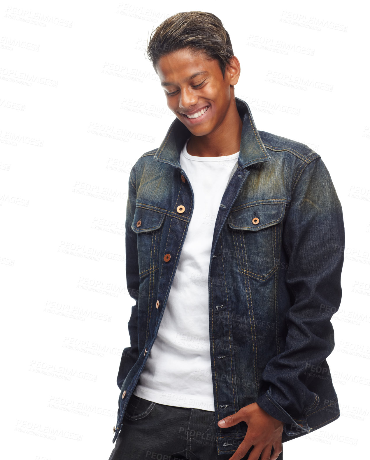 Buy stock photo Happy man, fashion and denim jacket with style or cool attitude on a white studio background. Isolated male person,  student or young model with smile, hairstyle or stylish clothing on mockup space