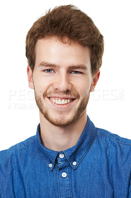 Buy stock photo Closeup, portrait and man for fashion, denim shirt and clothing in casual outfit on white background in edgy apparel, happiness and smile. Male person, model and face in studio, stylish and chic