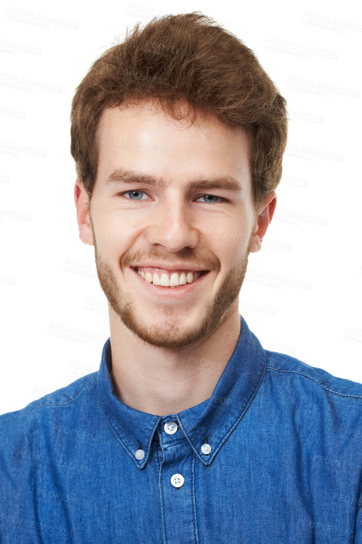 Buy stock photo Closeup, portrait and man for fashion, denim shirt and clothing in casual outfit on white background in edgy apparel, happiness and smile. Male person, model and face in studio, stylish and chic