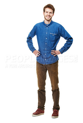 Buy stock photo A full length portrait of a happy young man isolated on white