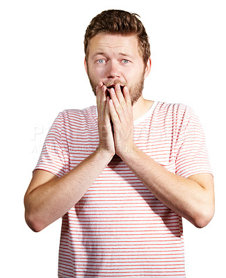 Buy stock photo Portrait, man and shock for surprise, story and announcement in studio on white background. Amazed, male person and hand with smile for hearing omg, wow, and amazing good news, gossip and scoop