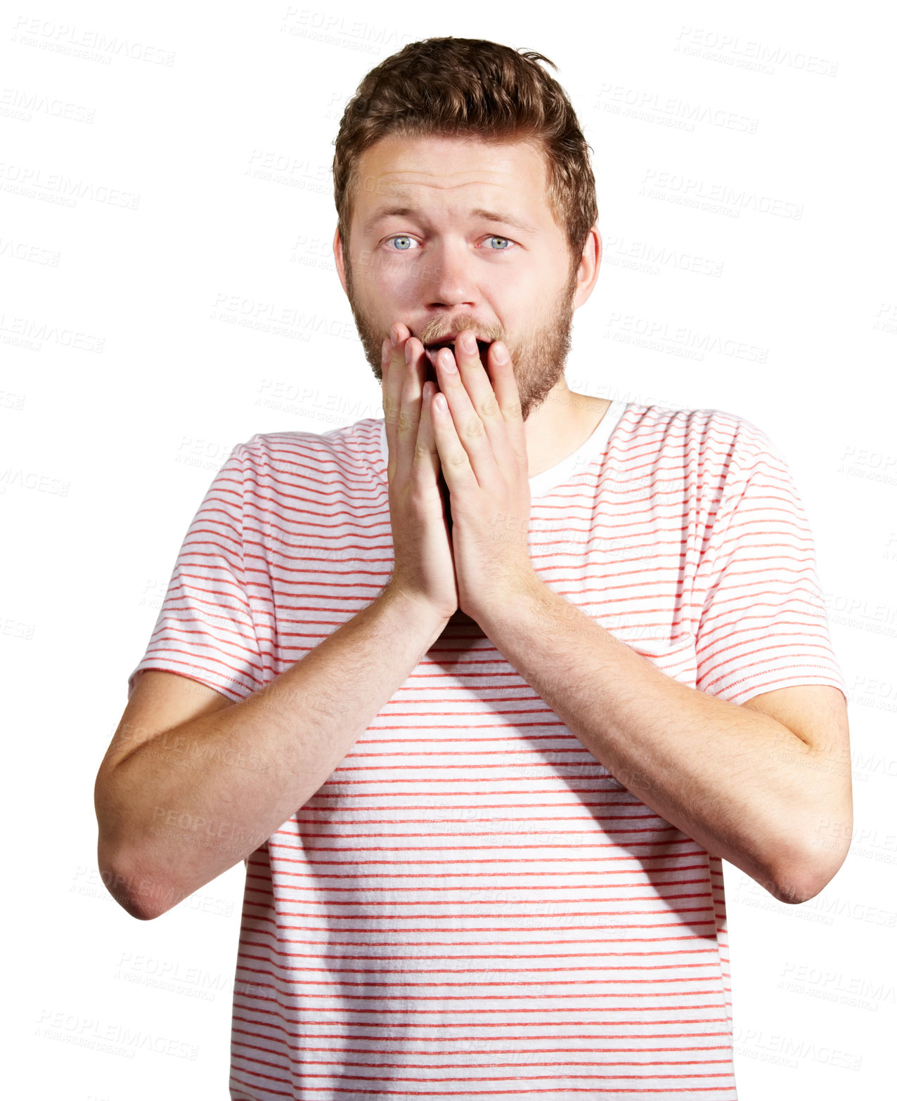 Buy stock photo Portrait, man and shock for surprise, story and announcement in studio on white background. Amazed, male person and hand with smile for hearing omg, wow, and amazing good news, gossip and scoop