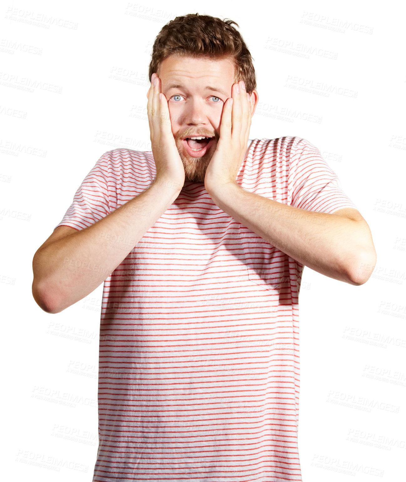 Buy stock photo Portrait, man and hand for shock, surprise and announcement in studio on white background. Amazed, male person and hearing of wtf, omg and wow story with rumor, good news and gossip for scoop