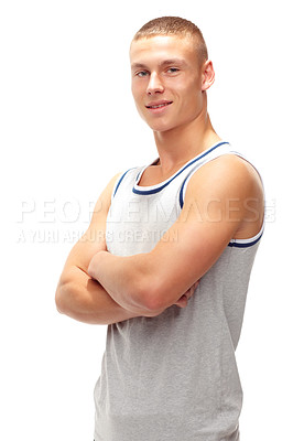 Buy stock photo Portrait, tank top and man with arms crossed, fitness and athlete isolated on a white studio background. Face, person and model with confidence and healthy with wellness and workout with attitude