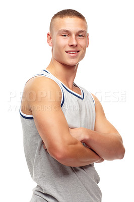 Buy stock photo Portrait, fitness and smile with man arms folded in studio isolated on white background for sports. Exercise, health and workout with confident young athlete in tank top for strong muscle training