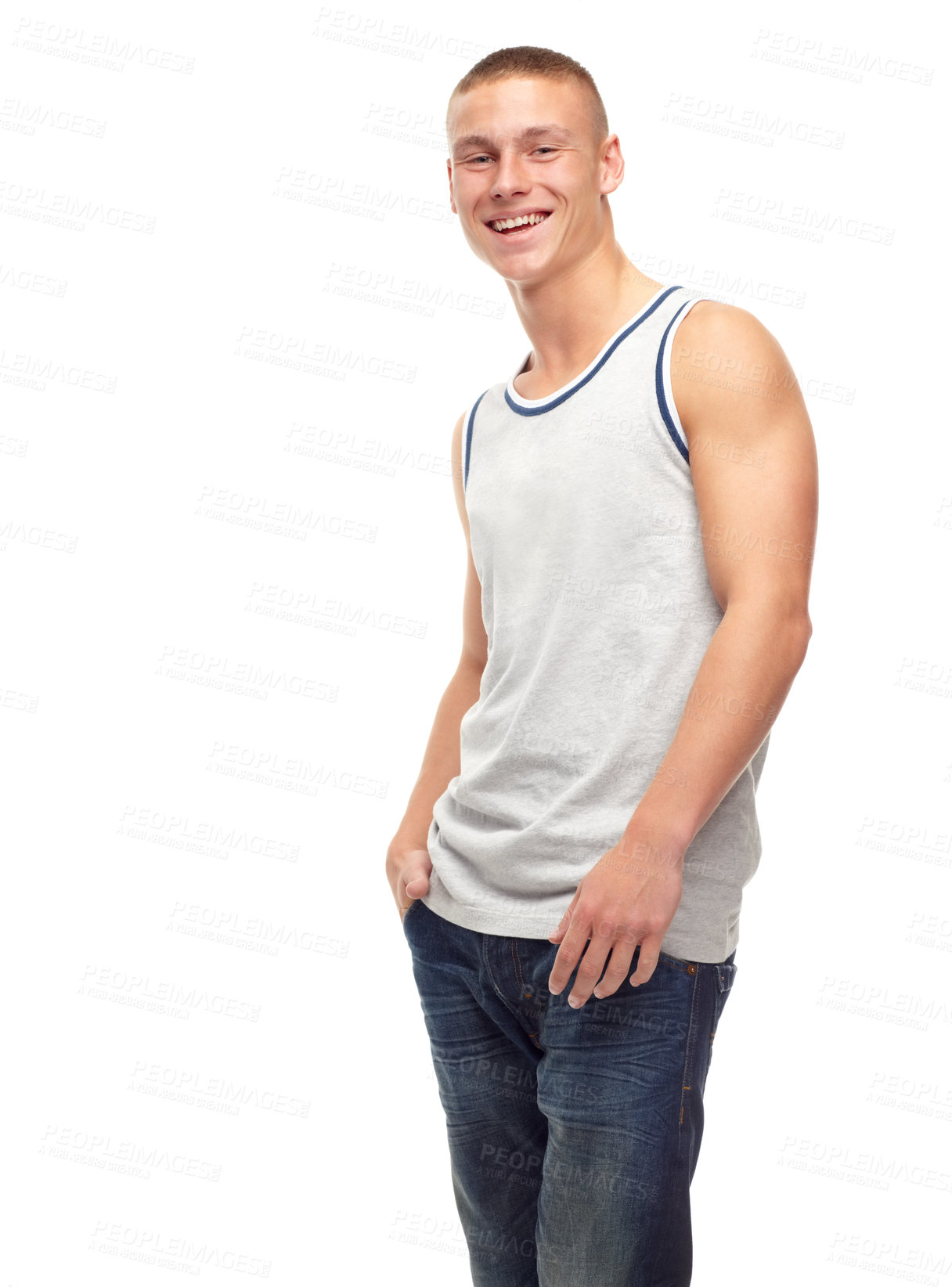 Buy stock photo Happy, fashion and portrait of man in studio with confidence, attractive and pride on white background. Smile, confident and isolated handsome, strong and young male person with trendy casual clothes