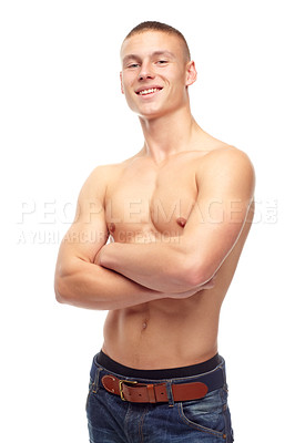 Buy stock photo Muscle, portrait and man with arms crossed, strong and healthy guy isolated against a white studio background. Face, male person and model with confidence, wellness and bodybuilder with motivation
