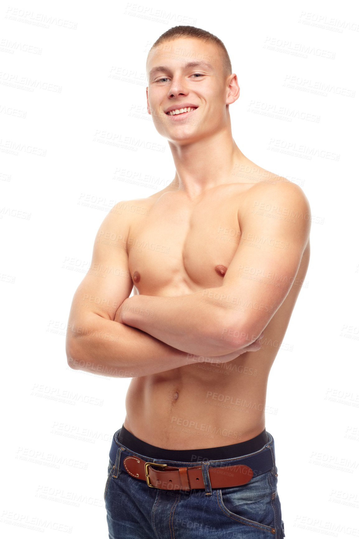 Buy stock photo Muscle, portrait and man with arms crossed, strong and healthy guy isolated against a white studio background. Face, male person and model with confidence, wellness and bodybuilder with motivation