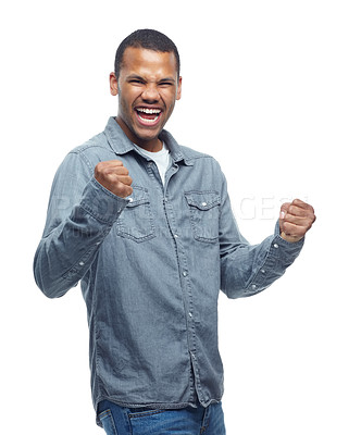 Buy stock photo Yes, excited and man celebration portrait in studio with casual fashion and happiness from win. Smile, winning and achievement of a African male and model with white background and winner fist