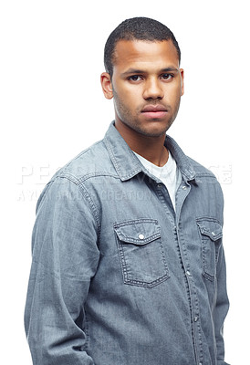 Buy stock photo African man, denim and fashion for portrait in a studio with designer and hipster clothing. White background, male person and young stylish model with cool confidence and pride with gen z shirt 