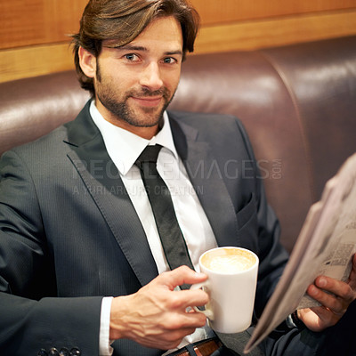 Buy stock photo Businessman, portrait and newspaper in cafe, lounge and coffee shop with suit and sofa. Man, broker and news with reading, break and corporate job with mug and restaurant for rest and relaxation
