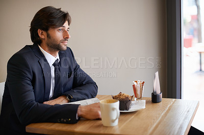 Buy stock photo Businessman, window and thinking at cafe with coffee for vision on lunch to reflect, imagine and idea for company. Entrepreneur, muffin and cup for contemplating with plan for startup business.