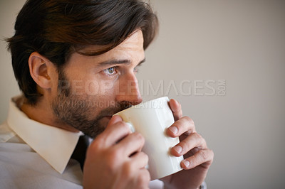 Buy stock photo Face, corporate, man and thinking with coffee for vision in grey background to reflect, imagine and idea for company. Entrepreneur, work and cup for contemplating with plan for startup business.