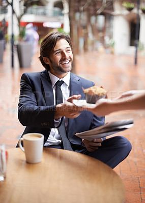 Buy stock photo Cafe, relax and businessman smile for dessert, breakfast and espresso in coffee shop of startup. Male person, joy and muffin for drink and food in morning to work as employee or staff in company