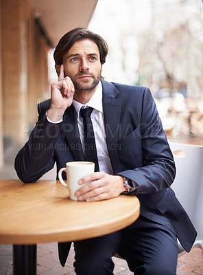 Buy stock photo Outdoor, cafe and businessman thinking with coffee for idea,   brainstorming and planning for work. Male person, innovation and tea on table  in shop, employee or staff or corporate company for sales