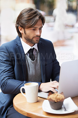 Buy stock photo Businessman, laptop and lunch with cafe, entrepreneur and coffee shop with suit and table. Man, broker and news with reading, break and corporate job with mug and restaurant for rest and remote work