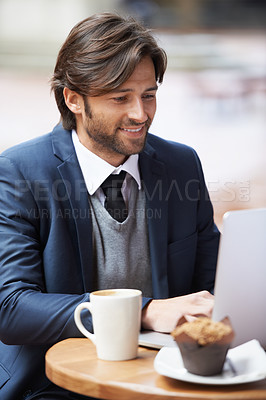 Buy stock photo Businessman, laptop and smile with cafe, entrepreneur and coffee shop with suit and table. Man, broker and news with reading, break and corporate job with mug and restaurant for rest and remote work