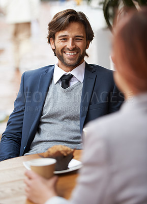 Buy stock photo Team, smile and businessman meeting at coffee shop with colleague for collaboration or planning in morning. Restaurant, happy for breakfast and corporate employee at outdoor cafe with coworker