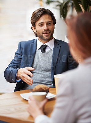 Buy stock photo Smile, talking and businessman meeting at coffee shop with colleague for collaboration or planning in morning. Smile, happy for breakfast and corporate employee at outdoor cafe with coworker