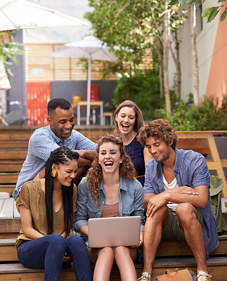 Buy stock photo Students, laughing and laptop with funny joke on campus, break and internet for online meme. Friends, diversity and people at university for social media and discussion of comedy topic in college
