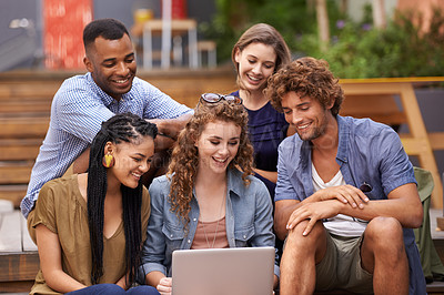Buy stock photo Students, college and smile with laptop, friends and outdoor for browsing social media and happy mates. Research, scrolling and people for learning, ebook and online at scholarship with casual fit