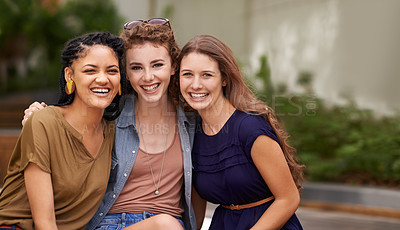 Buy stock photo Friends, women and happy with bonding at outdoor for break with fun, conversation and sharing memory. Diversity, smile and excited with support, care and relax in summer for friendship and positivity