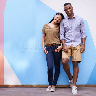Buy stock photo Portrait, smile for fashion and black couple on wall background together with colorful space or mockup. Love, date or affection with happy young man and woman outdoor in city for summer bonding