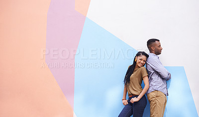 Buy stock photo City, wall art and couple with mockup, love and funny with romance and bonding together. Happiness, man and woman with smile and outdoor with peace and vacation with date, cheerful and relationship