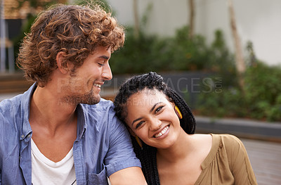 Buy stock photo Couple, lovers and together in happiness, love and smile outdoors in garden, backyard and patio. Male person, girlfriend and partners with diversity, affection and bonding for summer in Jamaica